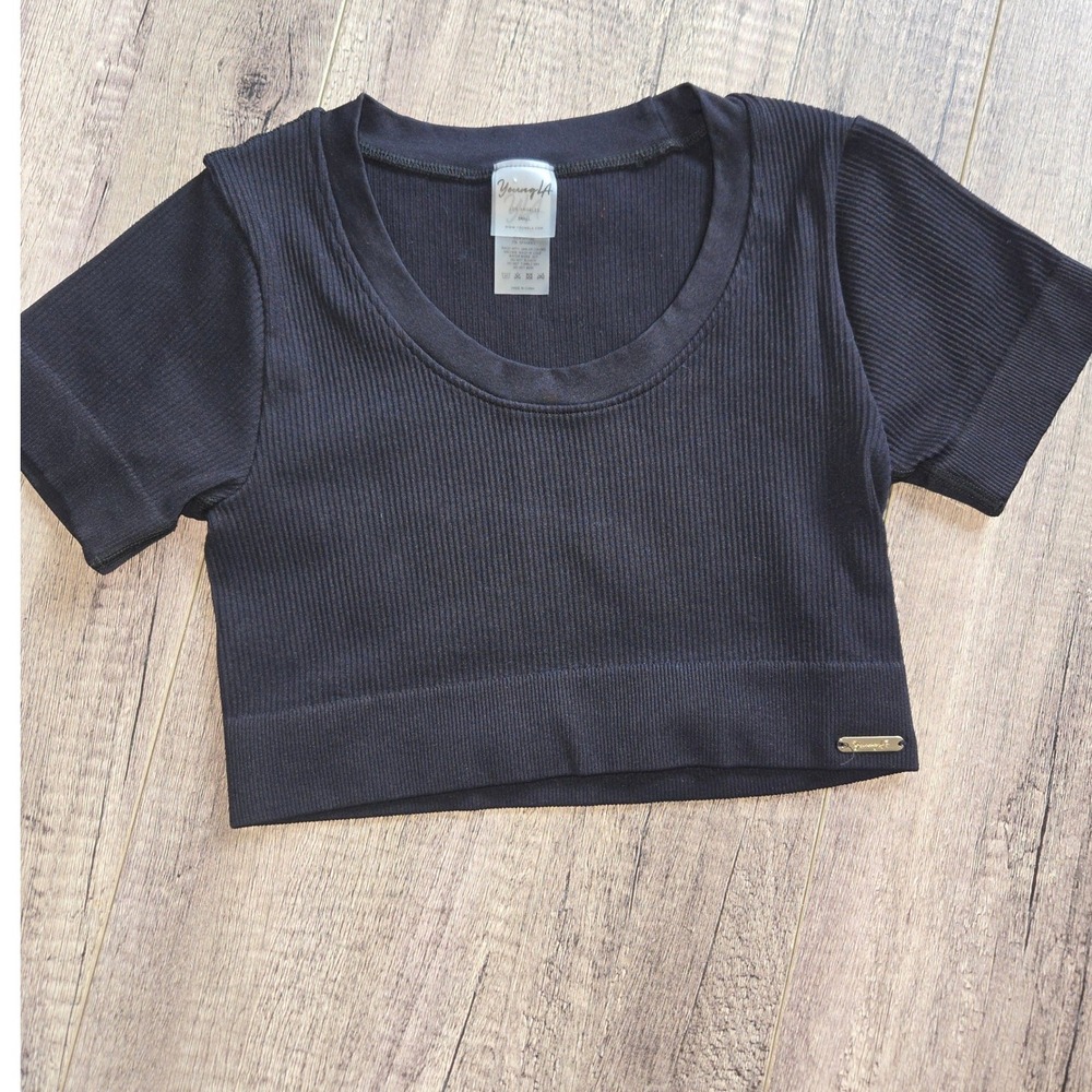 YoungLA Women Black Ribbed Short Sleeve Scoop Neck Crop Top Small YLAW1036